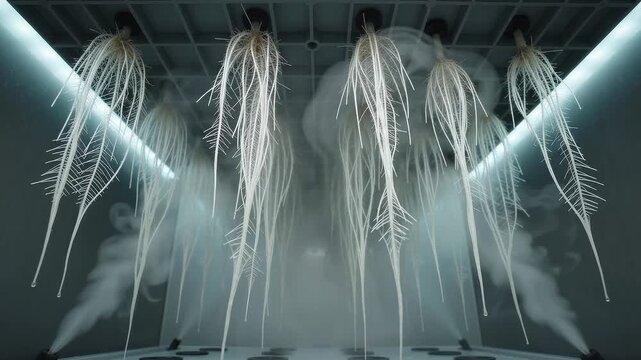 Cinematic Low Angle View of Hanging Aeroponic Root System with Rising Nutrient Vapor