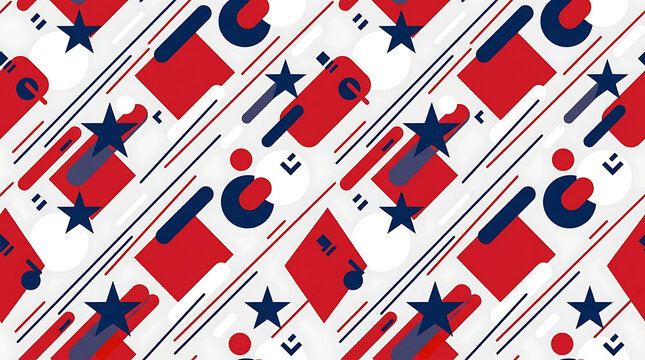 Seamless pattern featuring red rectangles and blue stars with diagonal lines on a light background, for patriotic themed, projects and festive, textile prints and, decorative wallpaper
