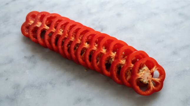 A row of sliced red bell pepper rings on a marble surface
