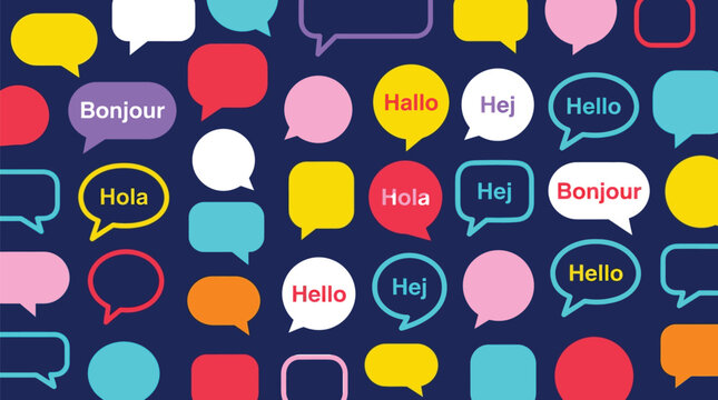 Colorful speech bubbles featuring international greetings scattered across dark blue background in flat vector art style