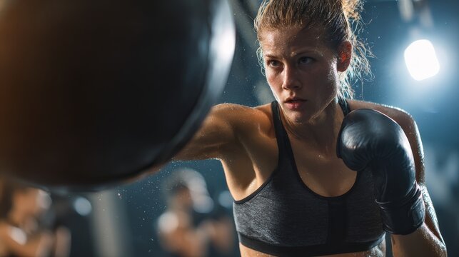 Dynamic action shot of female athlete executing powerful uppercut on heavy punching ball, perfect weight transfer through legs visible, boxing gloves at peak impact point, athletic physique