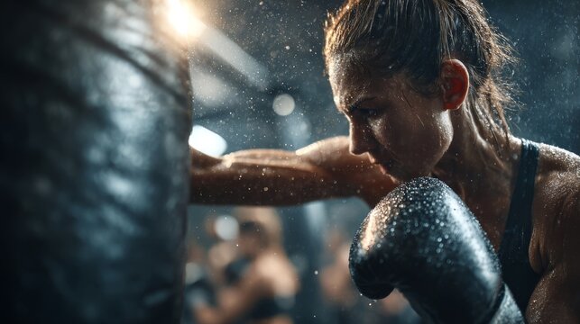 Dynamic action shot of female athlete executing powerful uppercut on heavy punching ball, perfect weight transfer through legs visible, boxing gloves at peak impact point, athletic physique