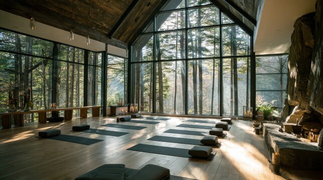 Modern yoga retreat space with soaring cathedral ceiling and wall-to-wall windows framing ancient forest, morning mist visible through glass, natural stone and reclaimed wood architectural elements,