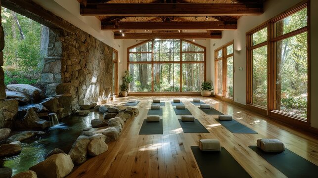 Wide angle view of luxury yoga studio interior with double-height ceilings and full-wall windows showcasing ancient forest, pristine wooden floor with geometric arrangement of premium yoga mats,