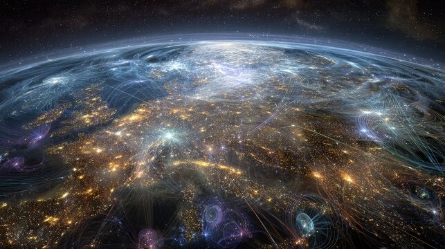 Detailed Earth from space perspective with human thought forms visualized as colorful energy nodes connecting through brilliant light pathways, manifestation vortexes pulling similar energies