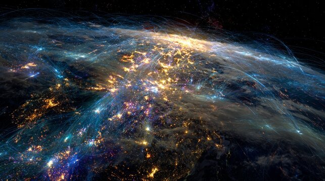 Detailed Earth from space perspective with human thought forms visualized as colorful energy nodes connecting through brilliant light pathways, manifestation vortexes pulling similar energies