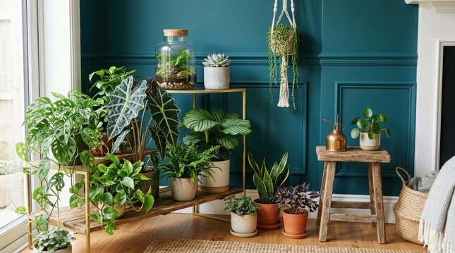 Indoor decorative plants on wooden shelf against blue wall