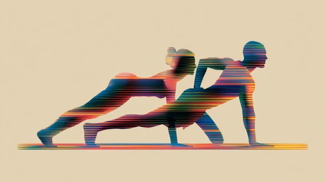 Contemporary fitness icon collection arranged in visually balanced composition, yoga pose silhouettes with perfect geometric alignment, running figure illustrated with motion dynamics, plank position