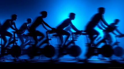 Obraz premium Overhead perspective of synchronous spin class movements against electric blue glowing background, perfect alignment of cyclists in rows, dynamic motion captured with slight blur effect, sweat