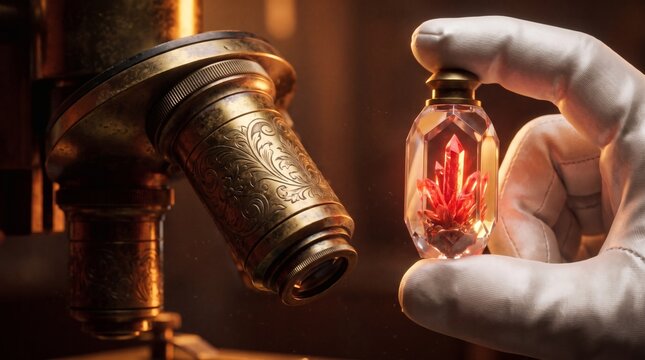 Gloved Hand Holding Red Crystal Vial Near Vintage Antique Brass Microscope