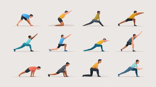 Modern fitness instruction icons featuring simplified human forms in various exercise positions, consistent design language throughout collection, perfect geometric spacing in grid arrangement,