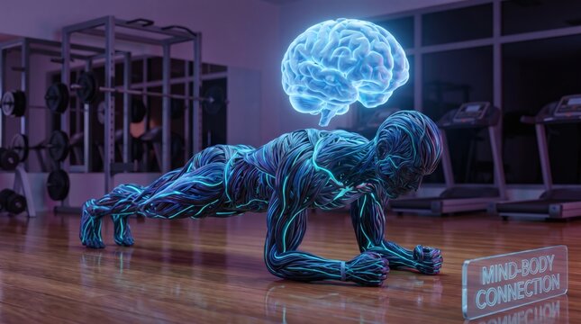 Futuristic figure in plank position with glowing brain mind body connection