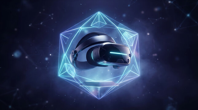 Virtual reality headset floating inside a glowing blue geometric crystal structure against a dark cosmic background, with faint starlight, and digital network, connections representing immersive
