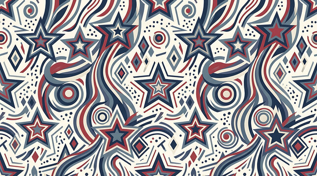 Whimsical seamless pattern featuring stylized stars, flowing wavy lines, and geometric diamonds in a palette of red, blue, and grey on a light cream background, creating a festive, retro-inspired look