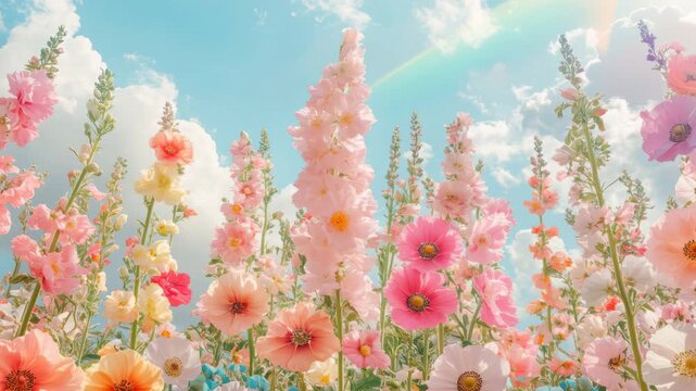 Low-angle video of vibrant pastel flowers under a bright sky, capturing a dreamy, serene scene. Live desktop wallpaper.