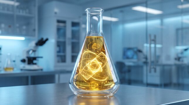 Glowing Bio-Fluid in Erlenmeyer Flask Inside Modern Science Laboratory