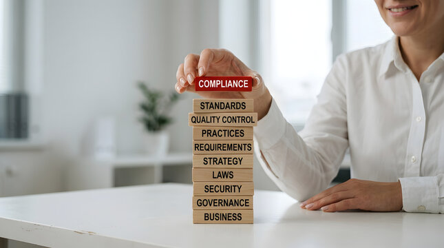 Professional holding compliance block tower in office workspace
