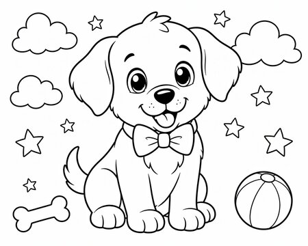 Cute little puppy dog wearing a bowtie for kids coloring page activity