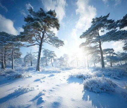 Winter wonderland forest scene.  Snow-covered trees bathed in sunlight