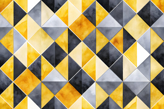 Modern geometric pattern background, yellow grey watercolor triangle texture, abstract diamond mosaic wallpaper, elegant seamless decorative backdrop