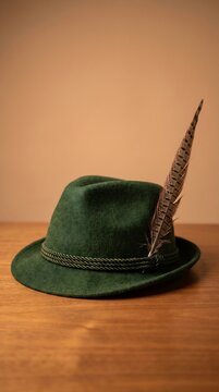 A dark green felt hat with a feather and braided band on a wooden surface against a plain background.