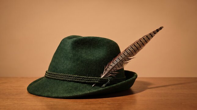 A traditional dark green felt hat with a decorative feather and braided band resting on a wooden surface.