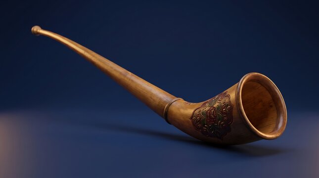 An antique brass or bronze horn with intricate etched decoration on its bell, presented against a deep blue background.
