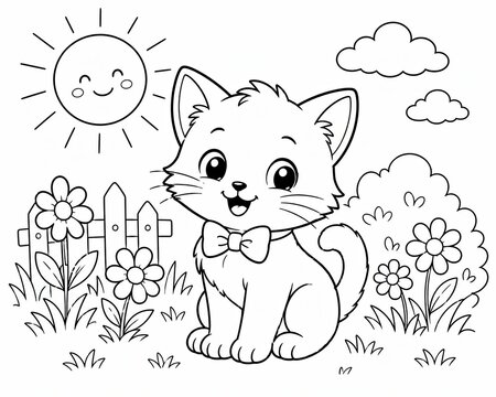 Cute little cat sitting in a garden with sun and flowers coloring page for children