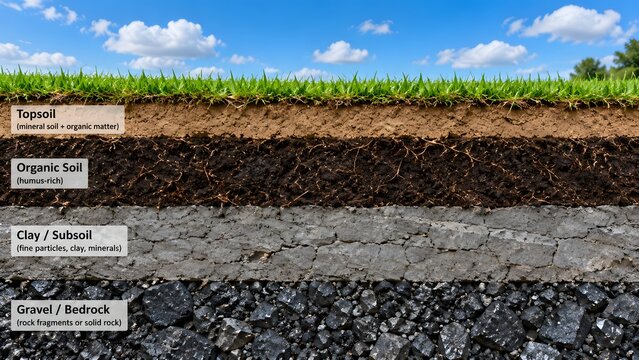 Soil profile cross section showing grass topsoil organic layer clay subsoil gravel and bedrock underground structure for geology agriculture gardening drainage and earth science concept