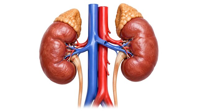 AI-generated ultra-realistic 3D medical illustration of both human kidneys, adrenal glands, renal vessels, aorta, vena cava, and ureters in a clean white studio background.