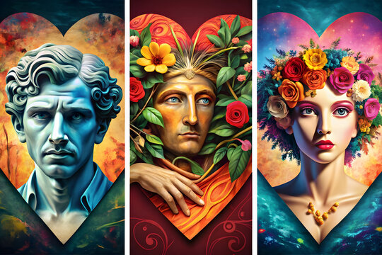 Surreal heart portraits with classical statues and floral elements, artistic romantic triptych, colorful fantasy character illustrations