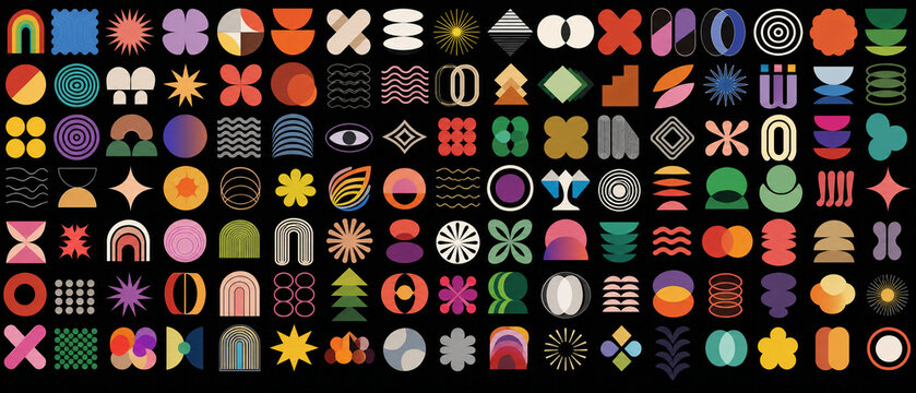 Abstract geometric icon collection in bold colors on black