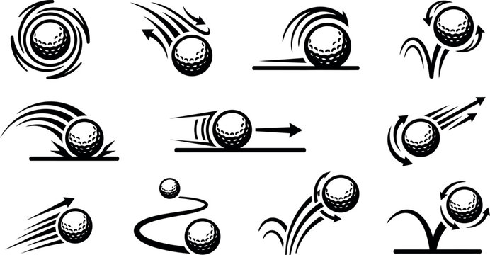 A collection of black and white vector icons illustrating various golf ball movements, spin, and flight trajectories.