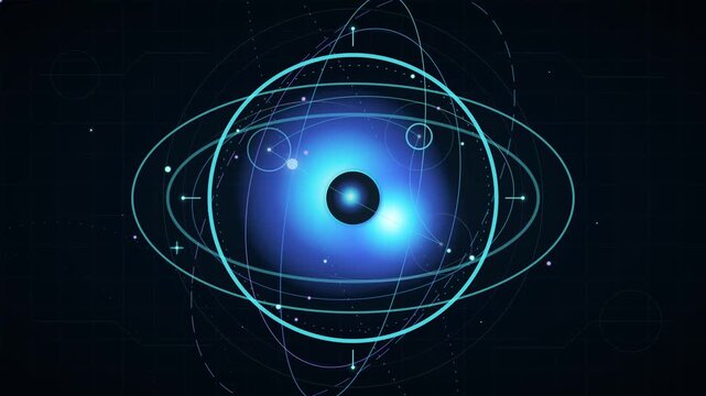 Abstract scientific atomic structure visualization on dark background an animated representation of an with glowing orbital rings and central core particles