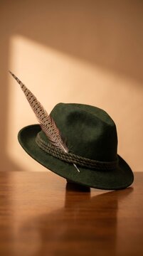 Traditional green Bavarian Tyrolean felt hat with a pheasant feather on a wooden table, alpine hunter headwear