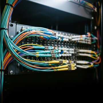 Close up of colorful fiber optic cables connected to a high density network patch panel