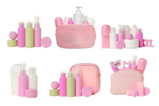 Cosmetic bags. Colorful cosmetic bag showcases variety of beauty products and toiletries. PNG