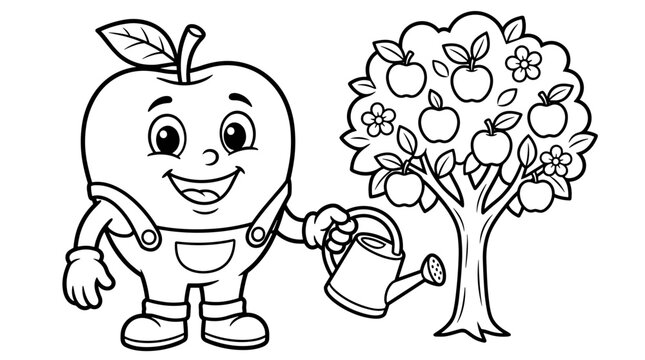 Cartoon apple character in overalls watering an apple tree, line art illustration for coloring