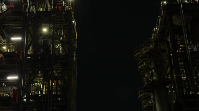 Twin Industrial Plant Structures Framing a Dark Gap at Night in Chidoricho, Kawasaki