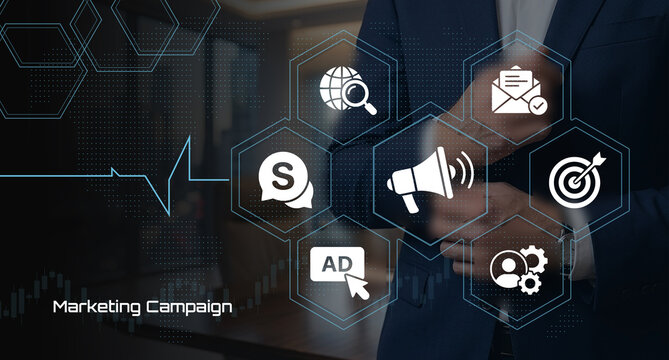Modern marketing campaign strategy with digital advertising tools and global outreach icons