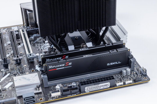 2 modules of top G.SKILL Ripjaws S5 DDR5 memory installed on a motherboard. This hardware configuration demonstrates the computer upgrade process. Pavlodar, Kazakhstan - May 31, 2026