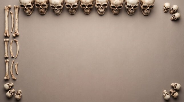 Ceramic skulls and skeleton bones arranged as top and side borders on neutral brown background, flat lay Halloween spooky banner design