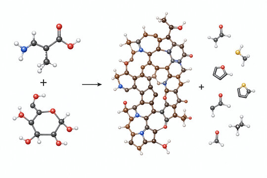 Maillard reaction schematic forming melanoidin and aroma molecules