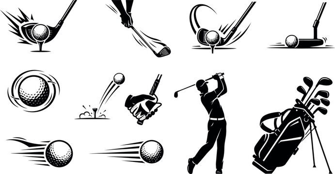 Golf sport icons set with player swing, clubs, balls and bag in black and white vector style