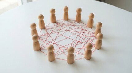 Obraz premium Wooden figures connected in a circular network of lines