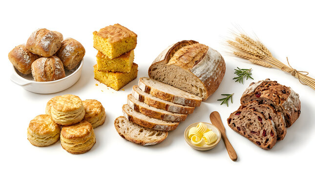 Assorted baked bread foods, fresh artisan loaves and rolls, sliced rye cornbread butter biscuits cross section top view white background copy space baking ingredients cuisine thanksgiving
