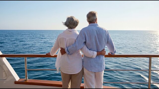 Senior couple standing on a yacht, embracing while gazing at the open ocean view during a sunlit day, epitomizing retirement bliss and travel enjoyment. Video made using Generative AI.