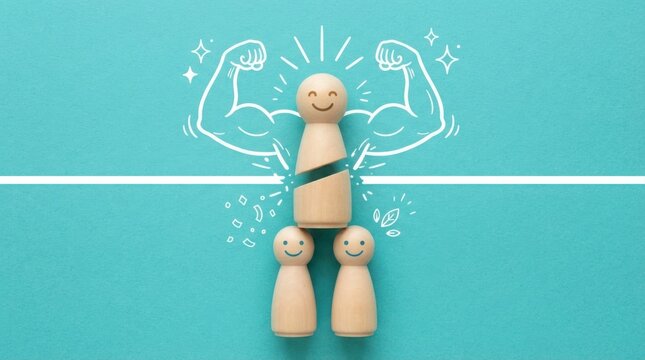 Wooden figure breaking through barrier with muscle illustration