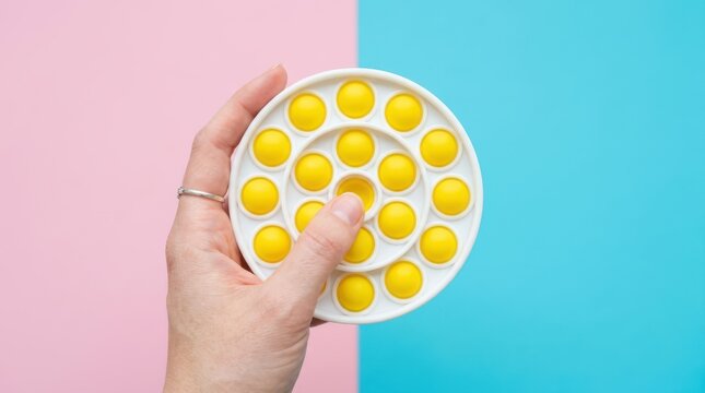 Hand holding a round yellow and white fidget toy on a split pink and blue background