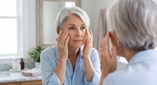 A senior woman examines her facial skin in a bathroom mirror while applying restorative lotion to manage signs of aging and maintain a healthy appearance for her ongoing natural beauty wellness